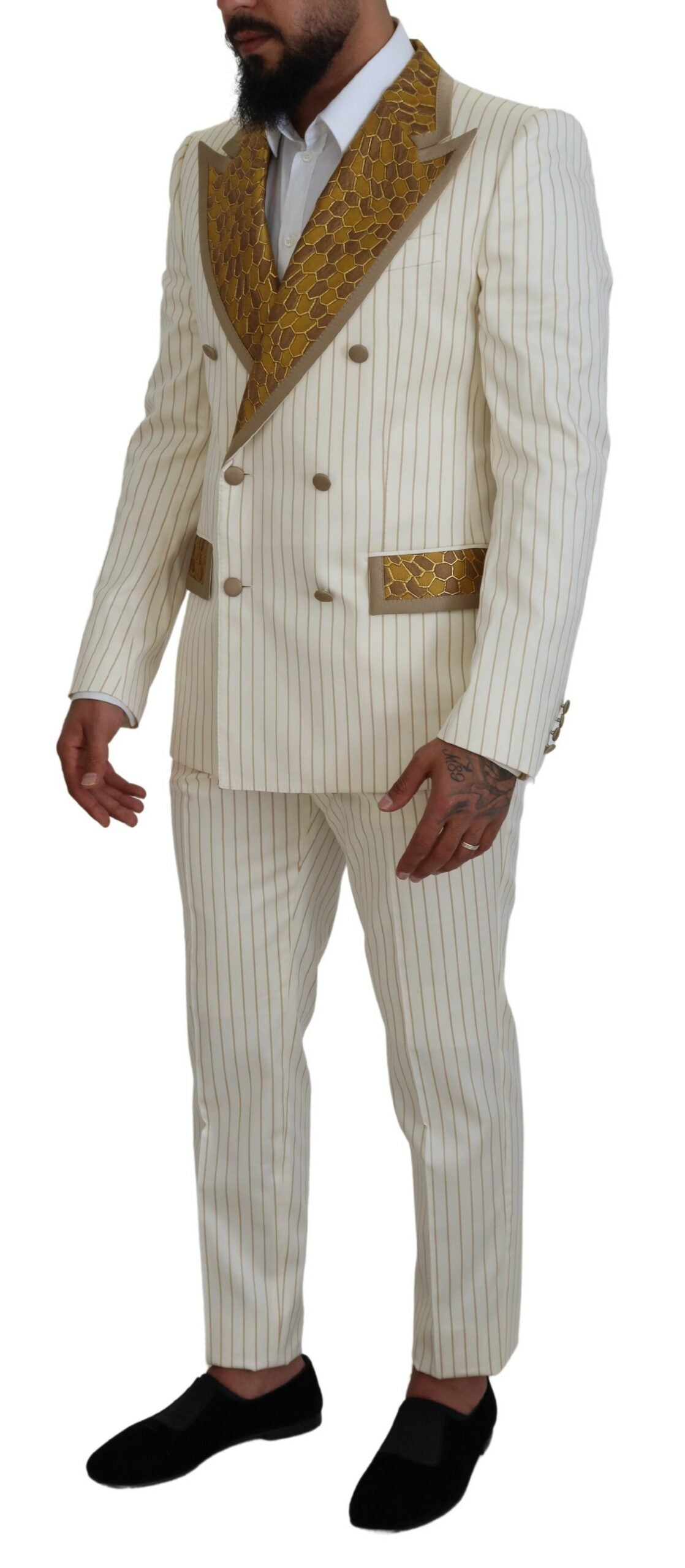 Slim Fit Smokinganzug in Off White und Gold mit Streifen