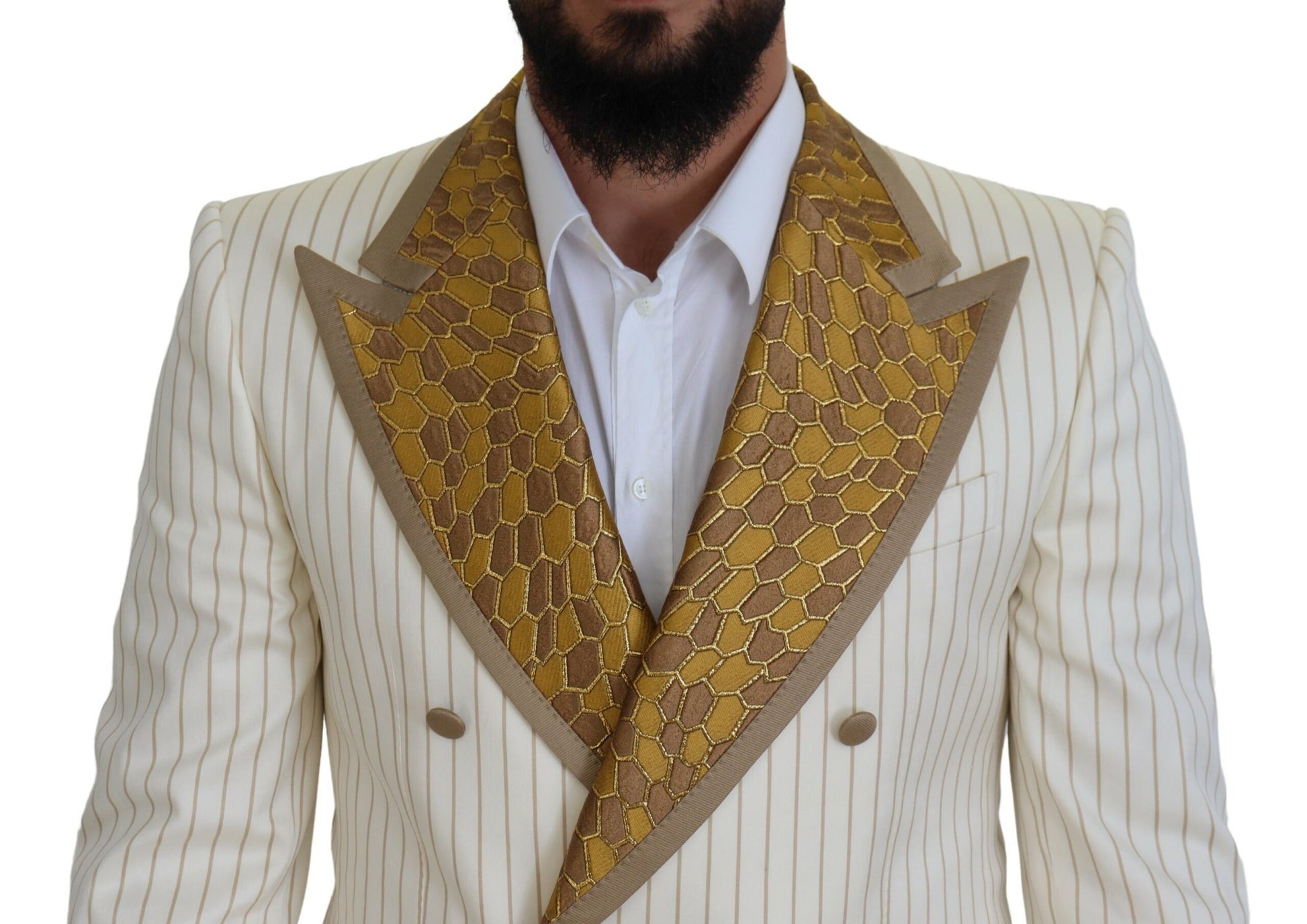 Slim Fit Smokinganzug in Off White und Gold mit Streifen