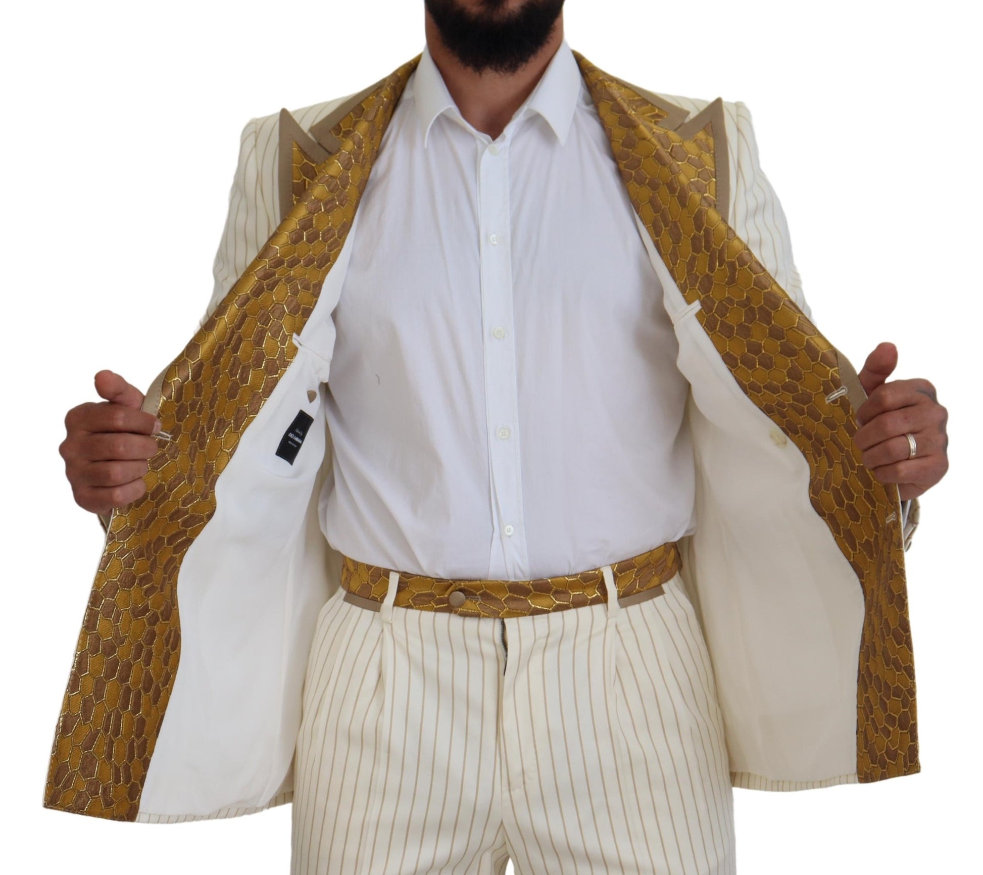 Slim Fit Smokinganzug in Off White und Gold mit Streifen