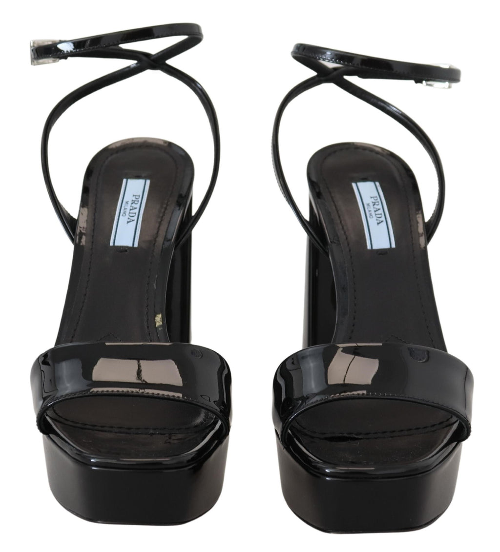 Prada Black Patent Sandals Ankle Strap Heels Leather