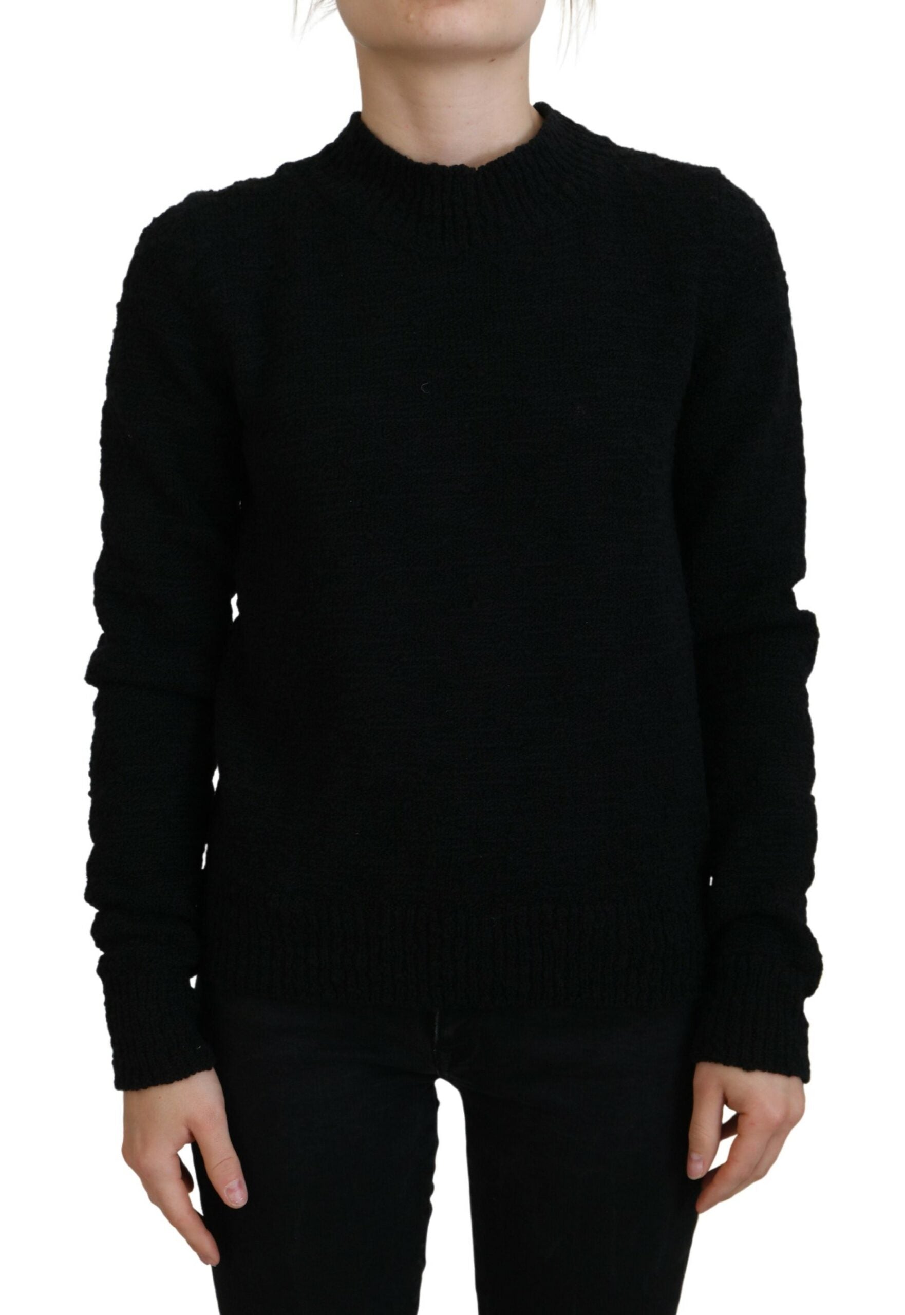 Schwarzer Wollstrickpullover mit Rundhalsausschnitt