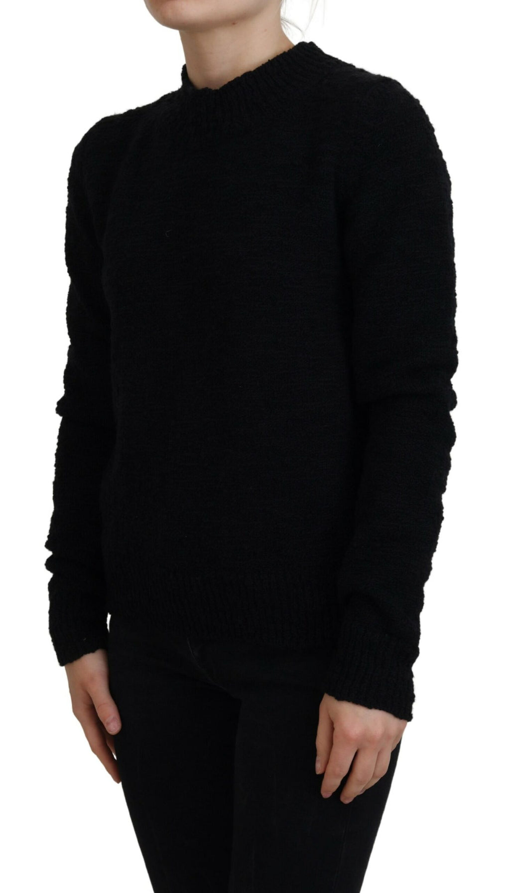 Schwarzer Wollstrickpullover mit Rundhalsausschnitt