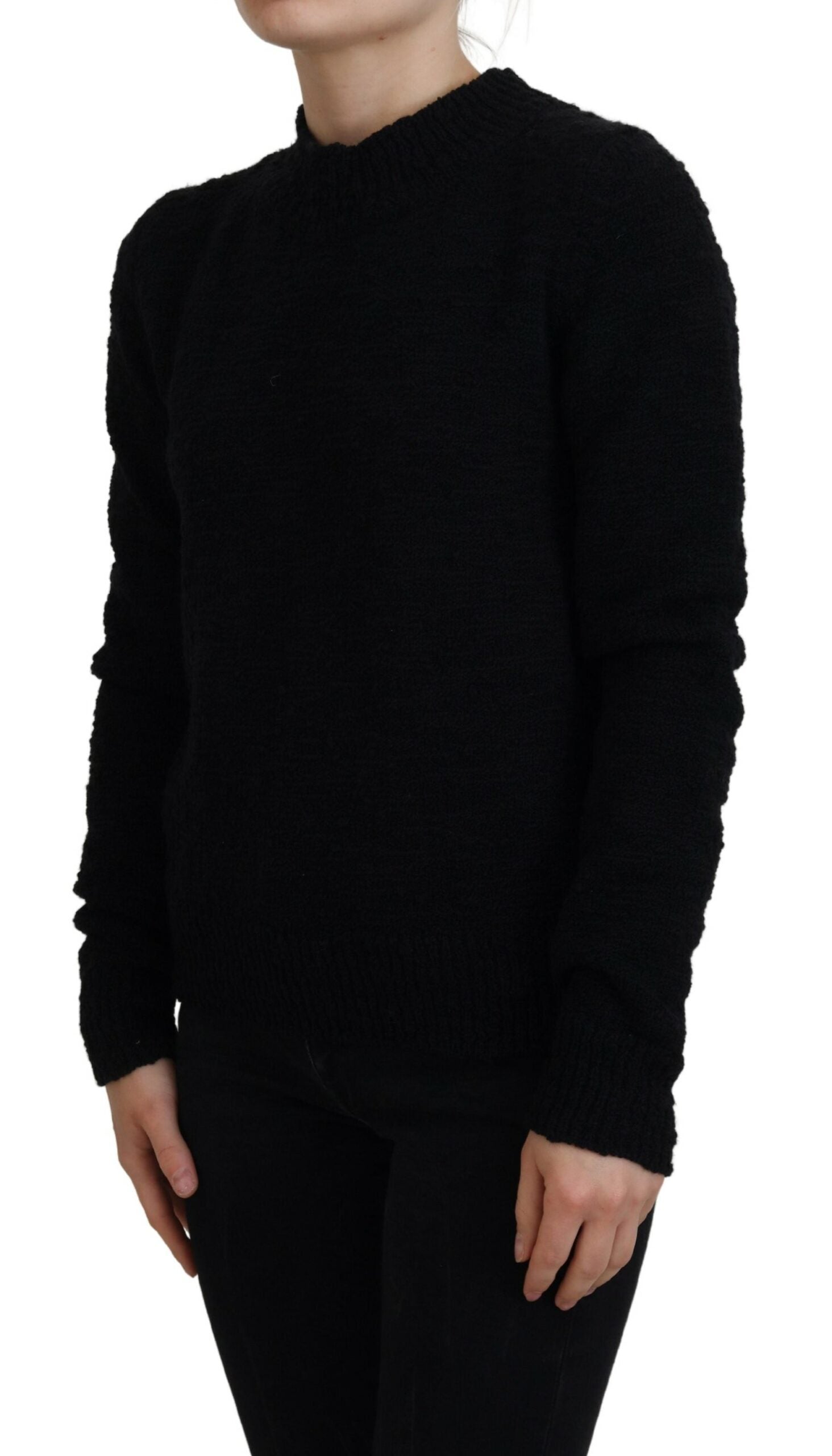 Schwarzer Wollstrickpullover mit Rundhalsausschnitt