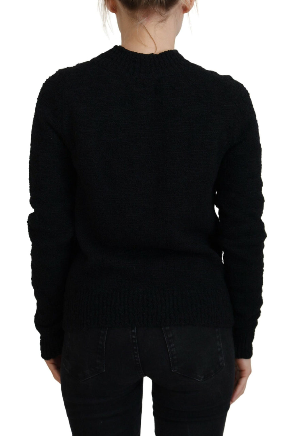 Schwarzer Wollstrickpullover mit Rundhalsausschnitt