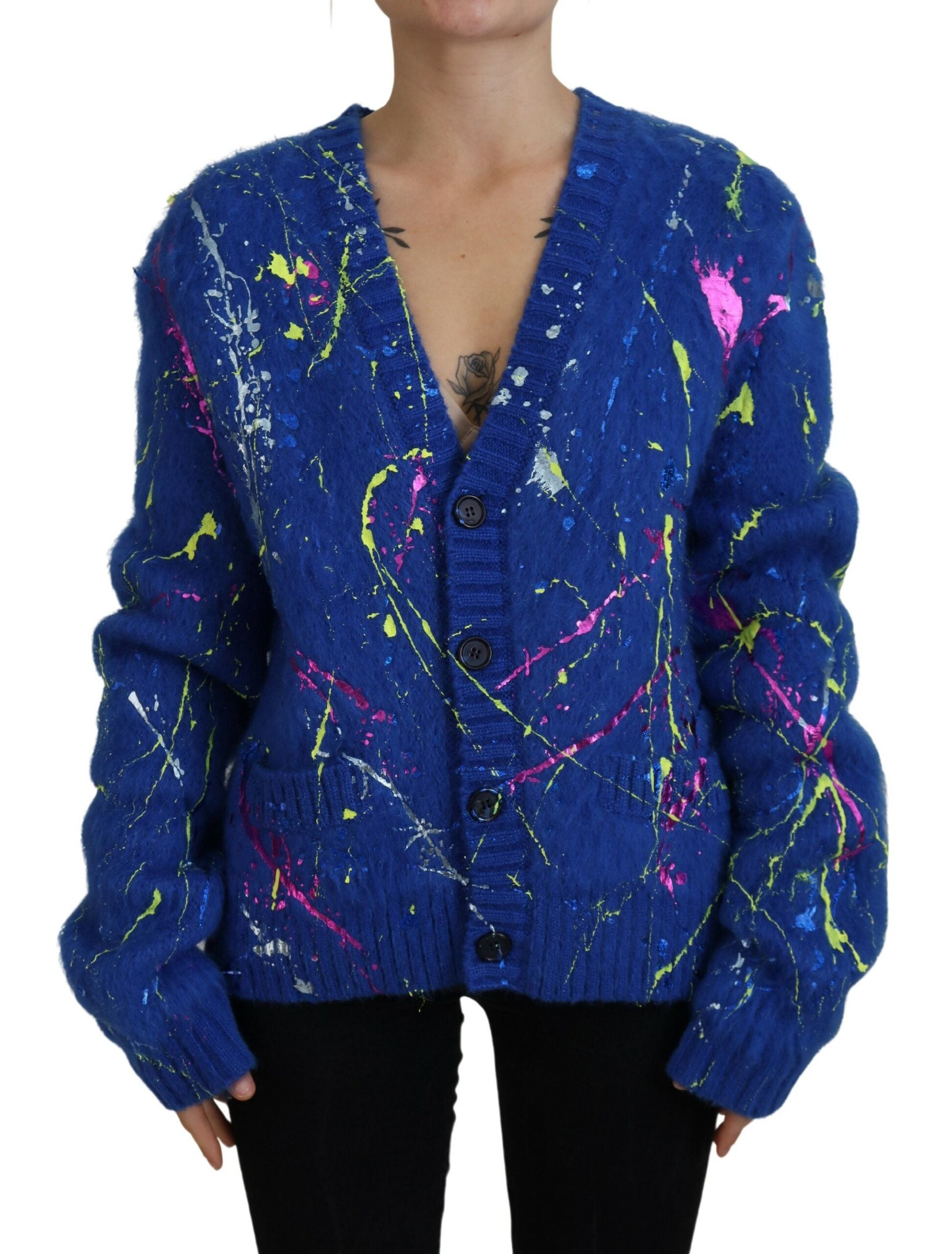 Blauer Farbspritzer-Mohair-Cardigan