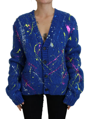 Blauer Farbspritzer-Mohair-Cardigan