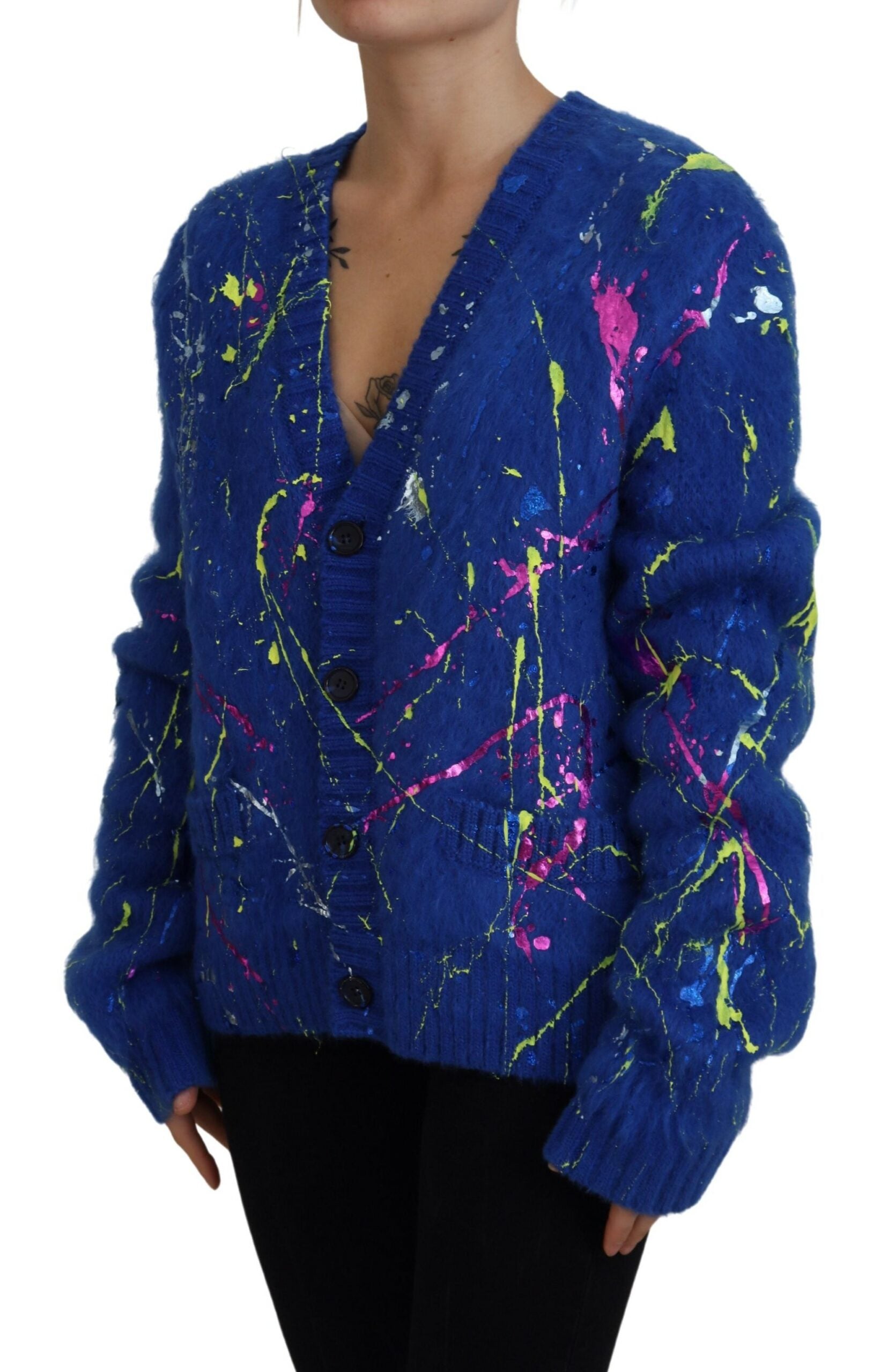 Blauer Farbspritzer-Mohair-Cardigan