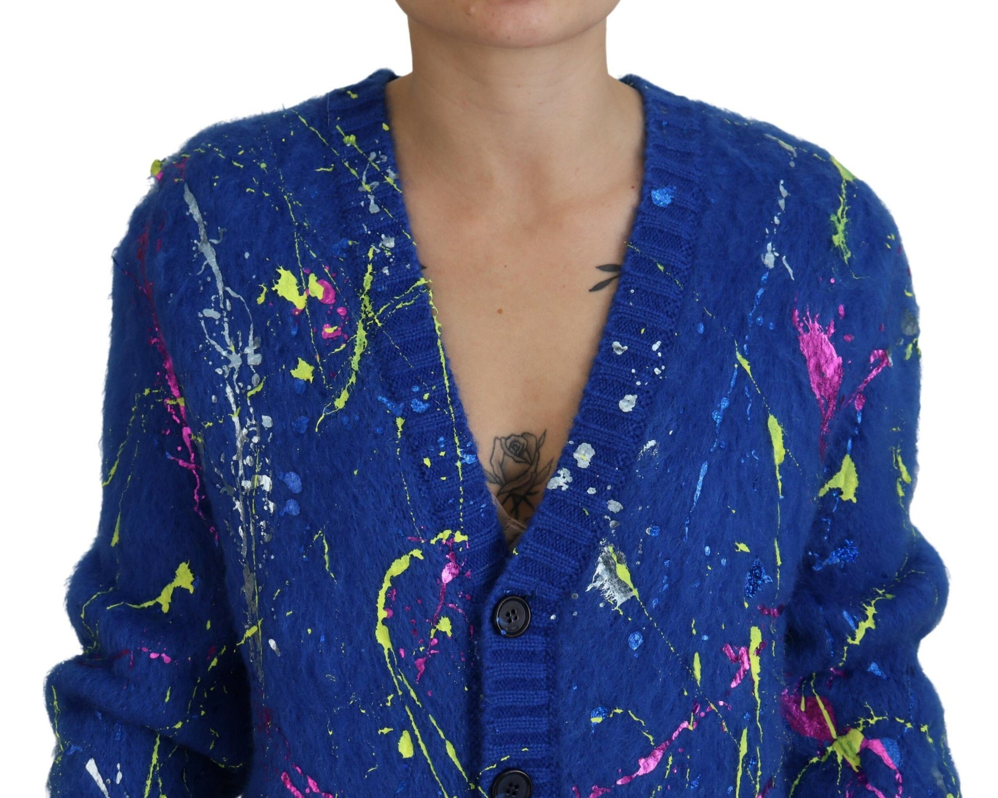 Blauer Farbspritzer-Mohair-Cardigan
