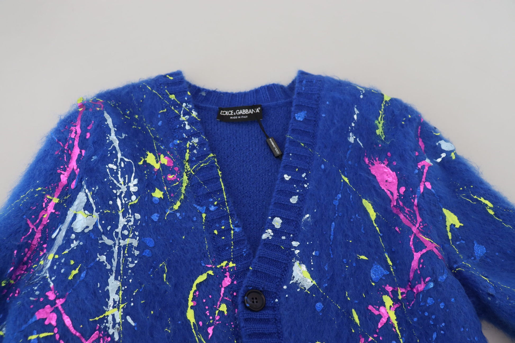 Blauer Farbspritzer-Mohair-Cardigan