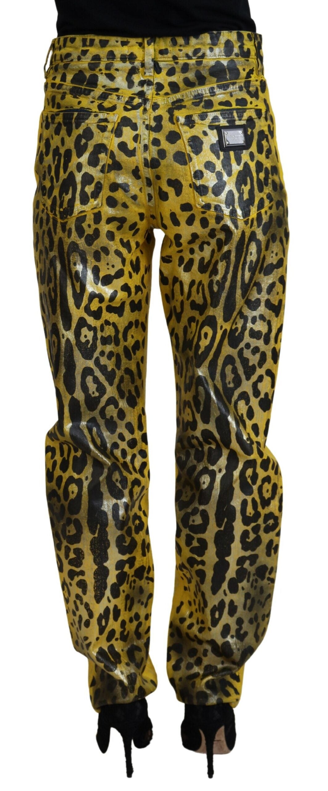 Gelbe Jeans aus Baumwoll-Straight-Denim mit Leopardenmuster
