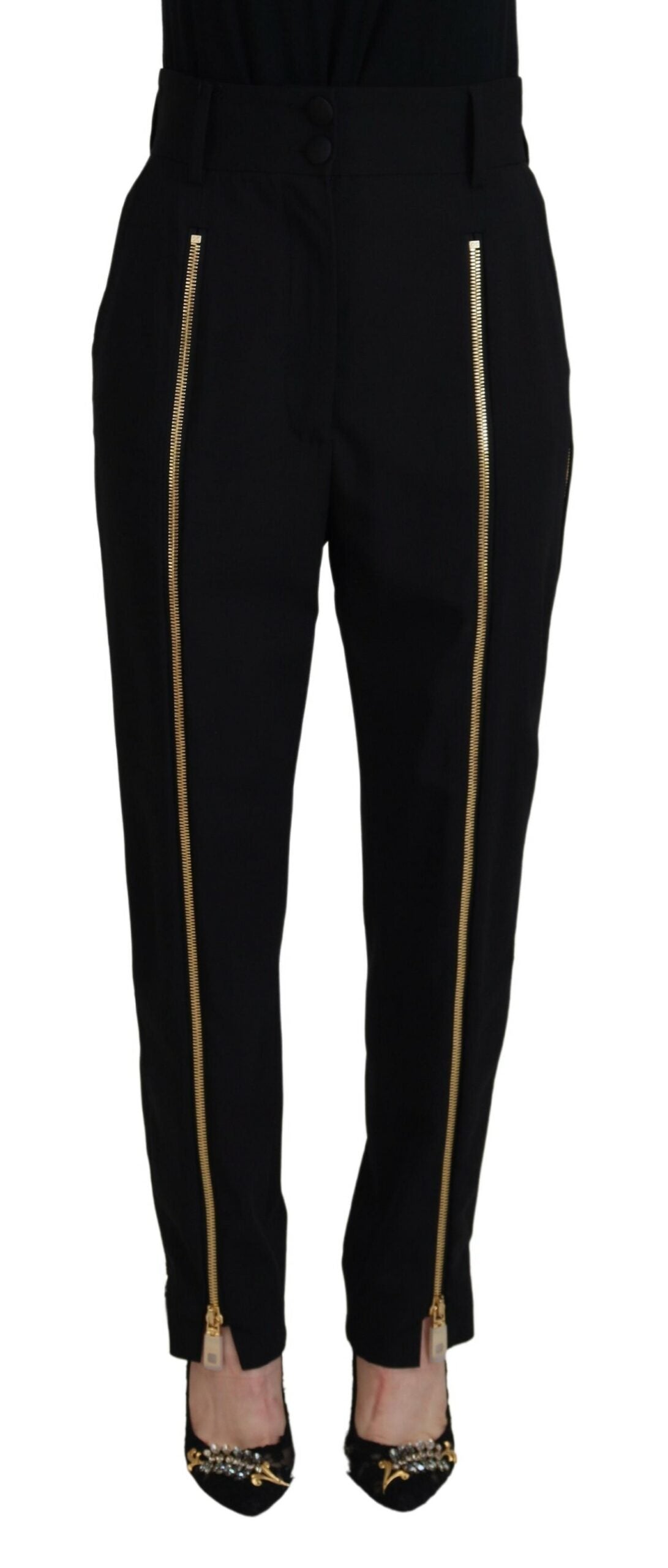Schwarze Karottenhose aus Wolle mit hoher Taille