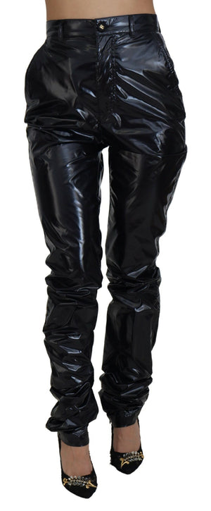 Schwarze Skinny-Hose aus Nylon mit hoher Taille