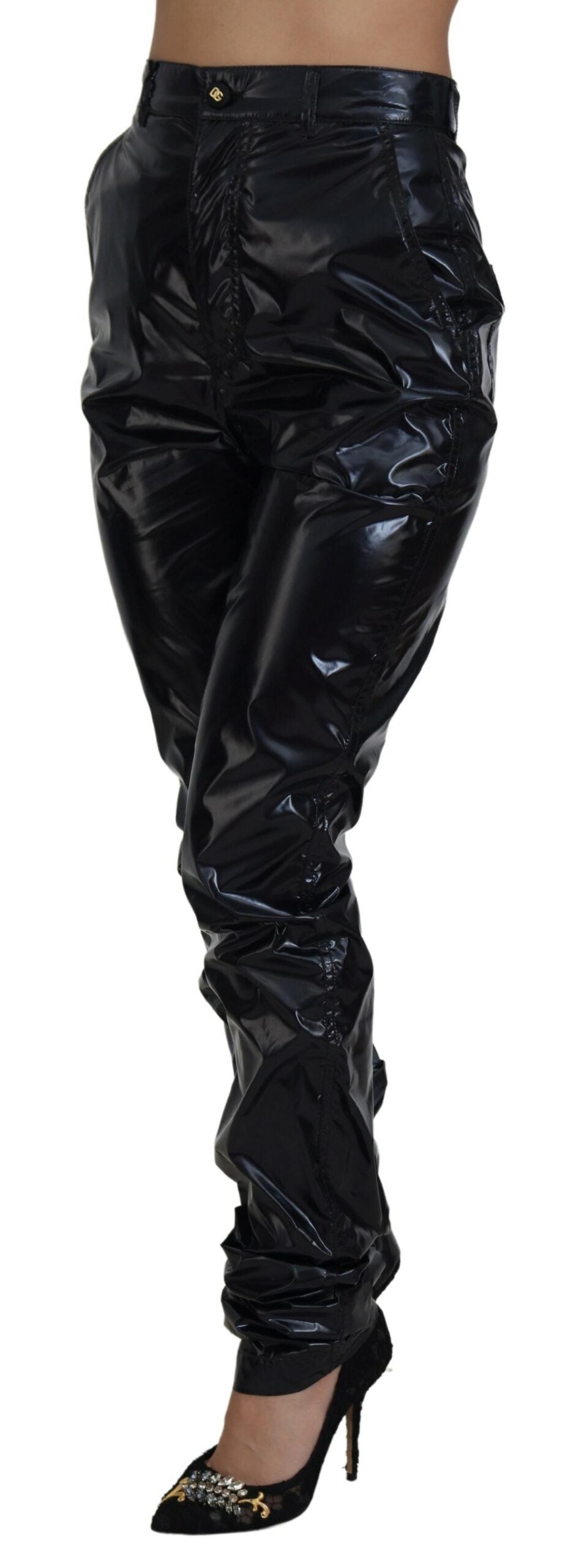 Schwarze Skinny-Hose aus Nylon mit hoher Taille