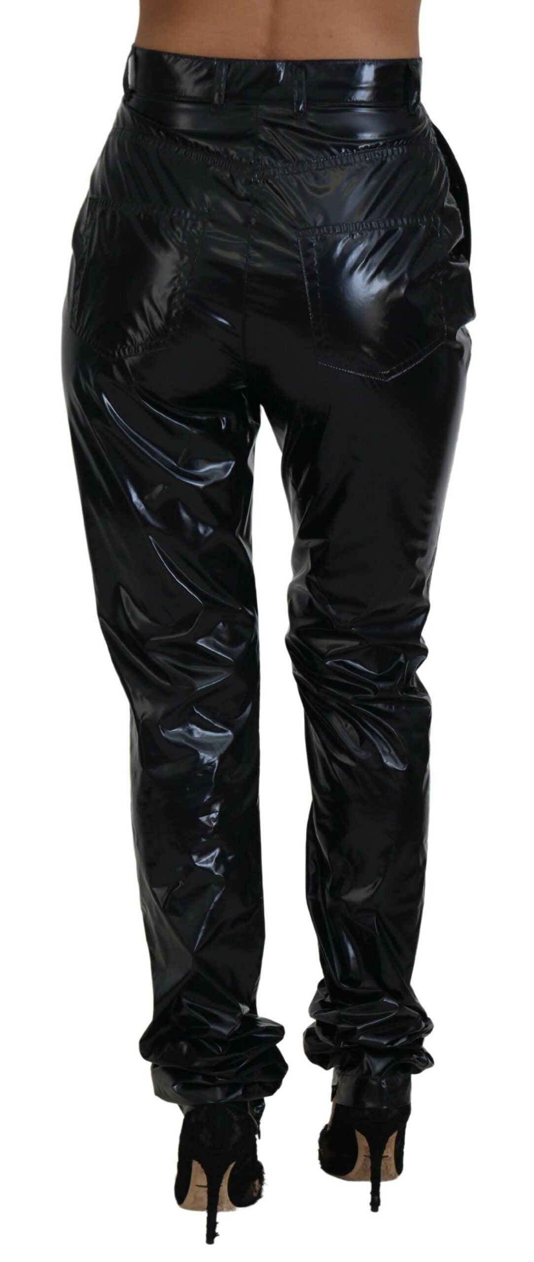 Schwarze Skinny-Hose aus Nylon mit hoher Taille