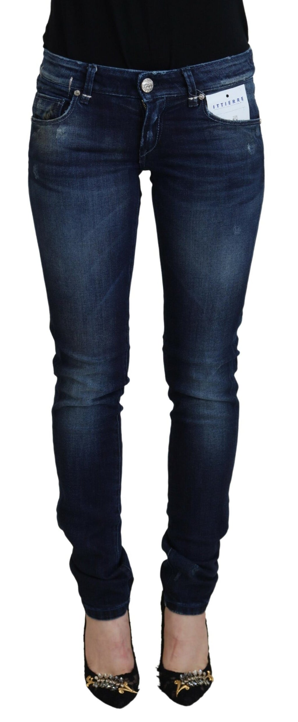 Blaue, schmal geschnittene Damen-Jeans aus Baumwolle mit niedriger Taille