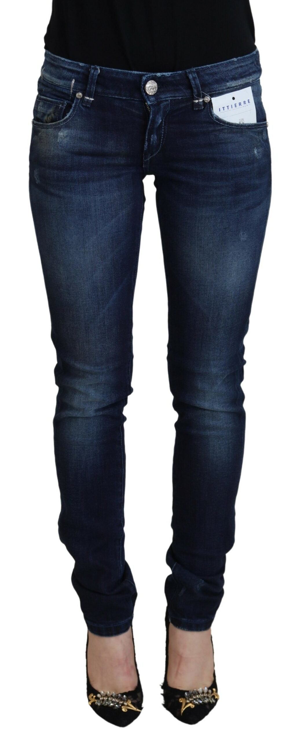 Blaue, schmal geschnittene Damen-Jeans aus Baumwolle mit niedriger Taille