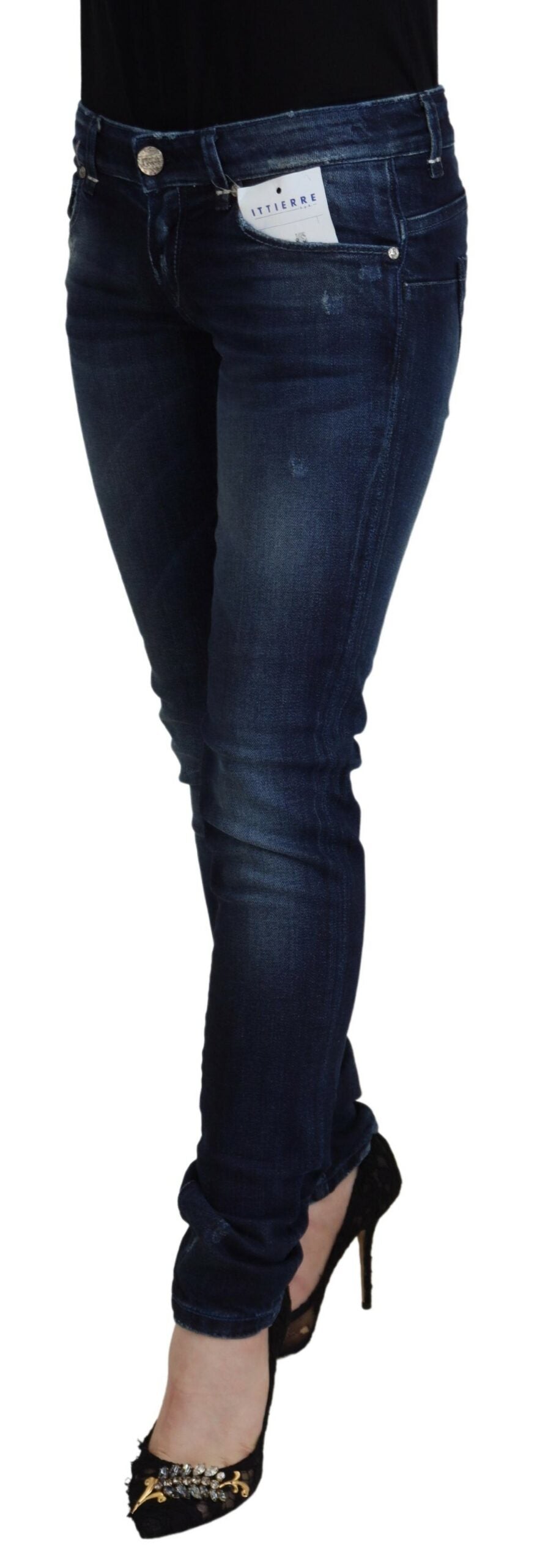 Blaue, schmal geschnittene Damen-Jeans aus Baumwolle mit niedriger Taille