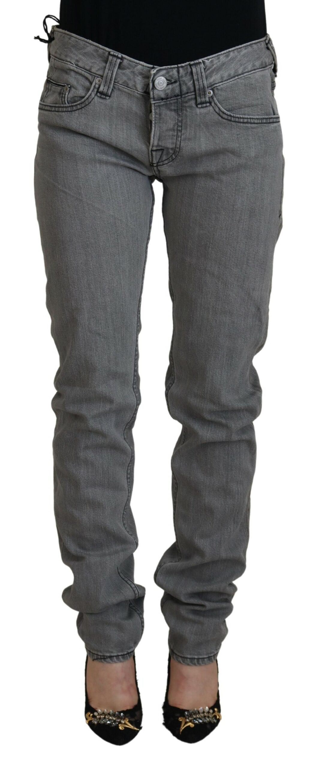 Graue Skinny-Jeans aus gewaschener Baumwolle für Damen
