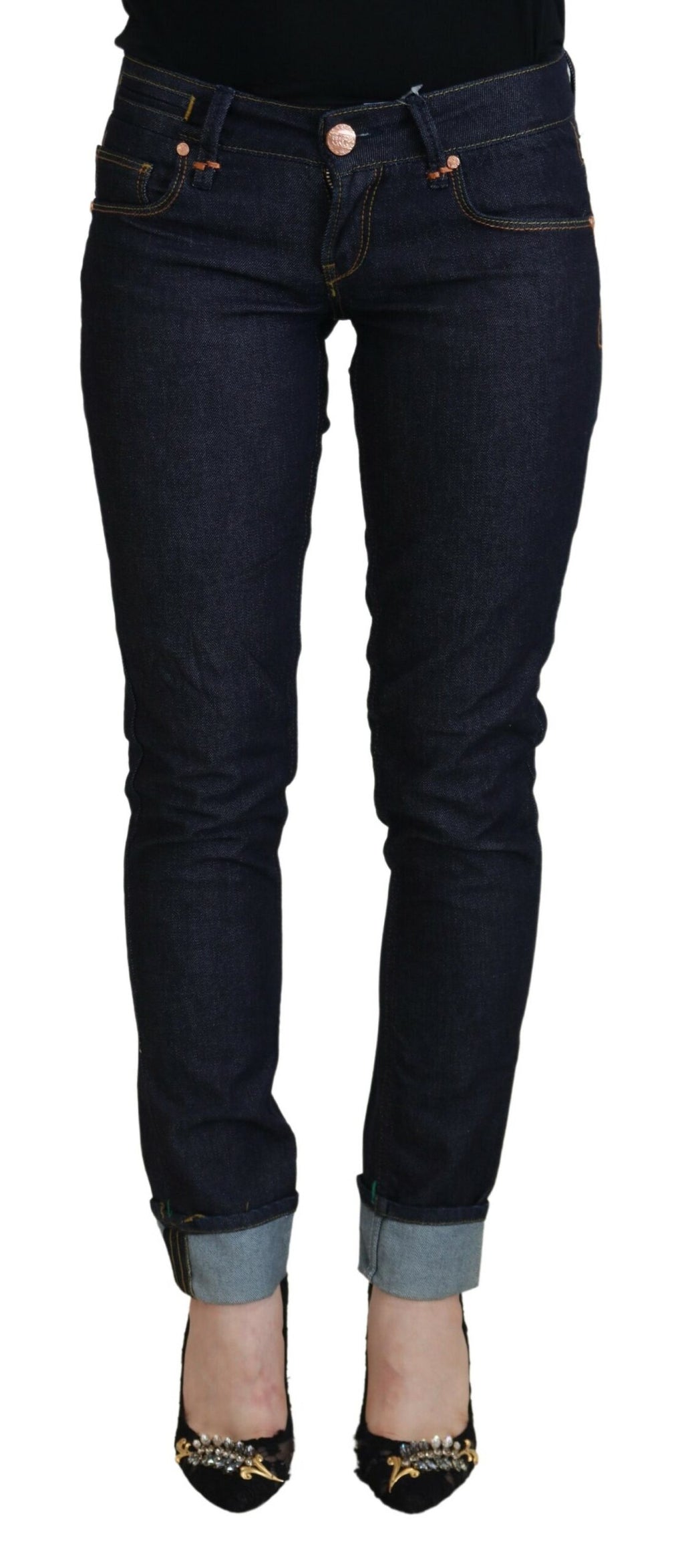 Blaue Slim Fit-Jeans aus Baumwolle mit niedriger Taille für Damen