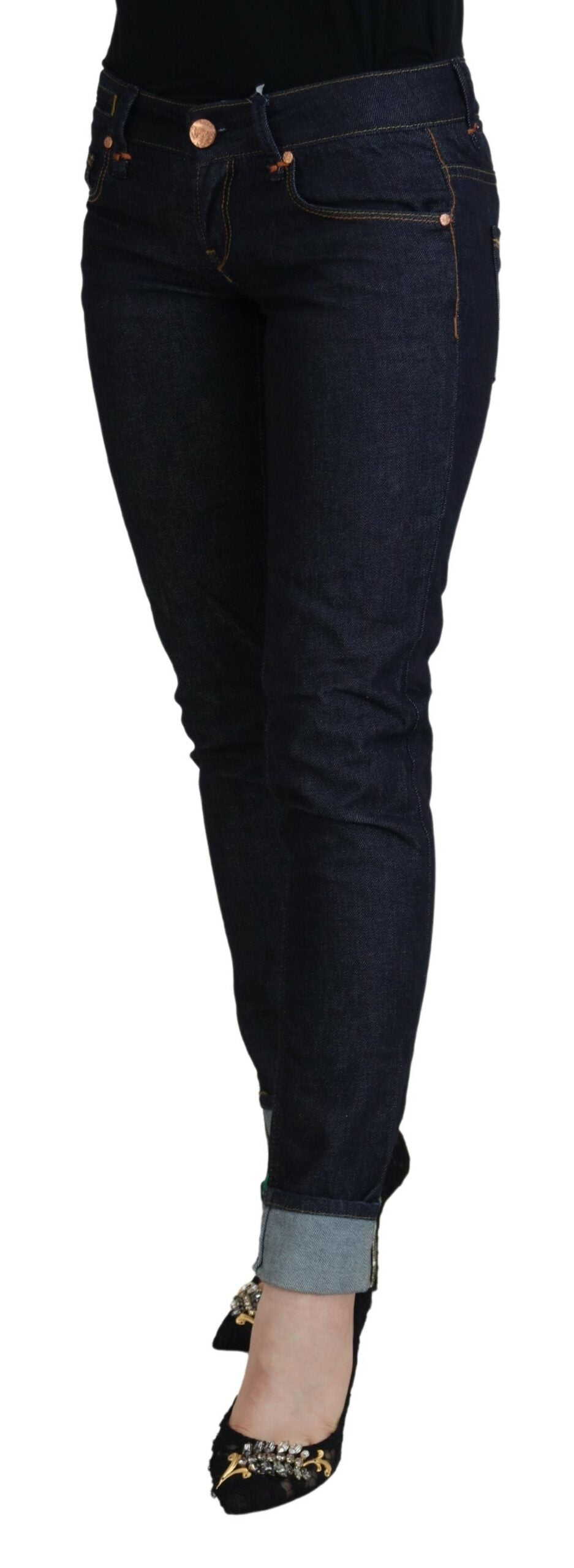 Blaue Slim Fit-Jeans aus Baumwolle mit niedriger Taille für Damen