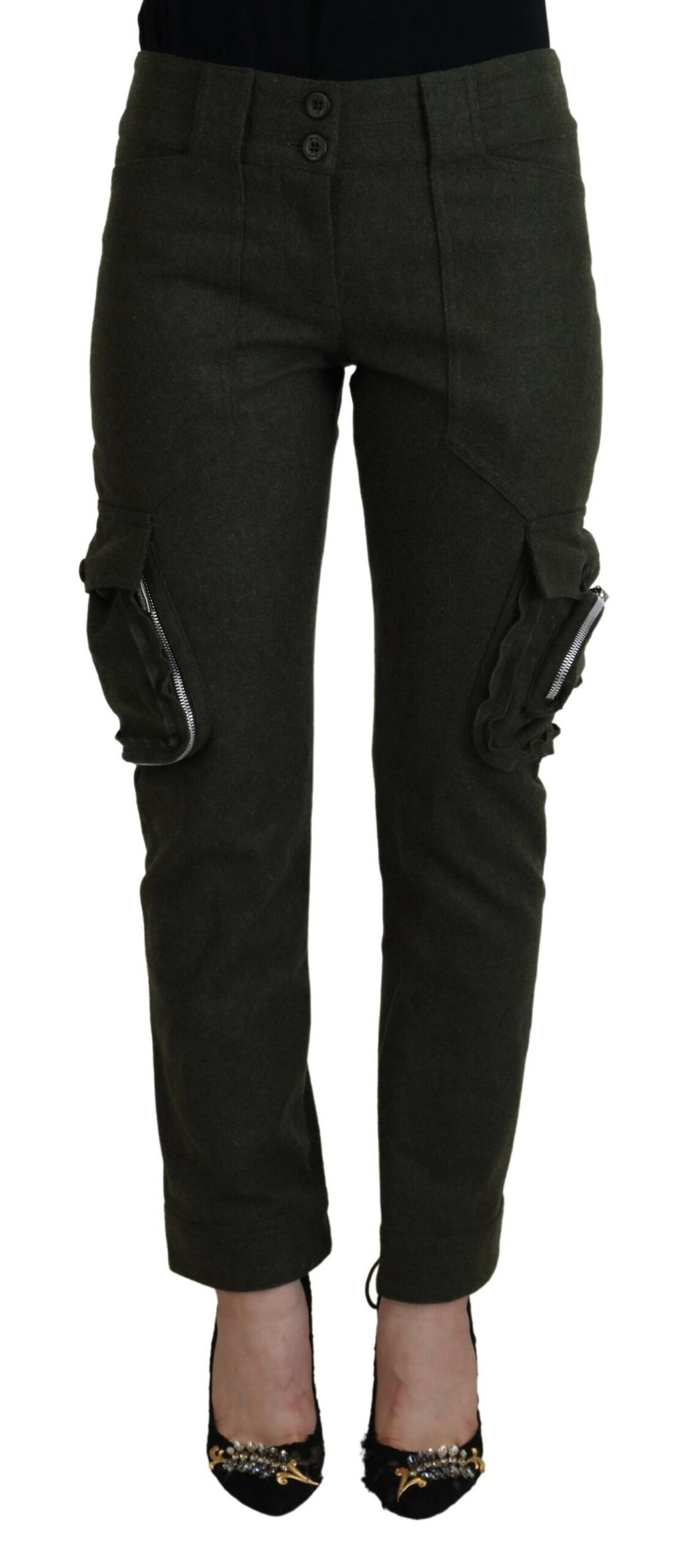 Grüne, schmal zulaufende Damenhose mit Schnürung