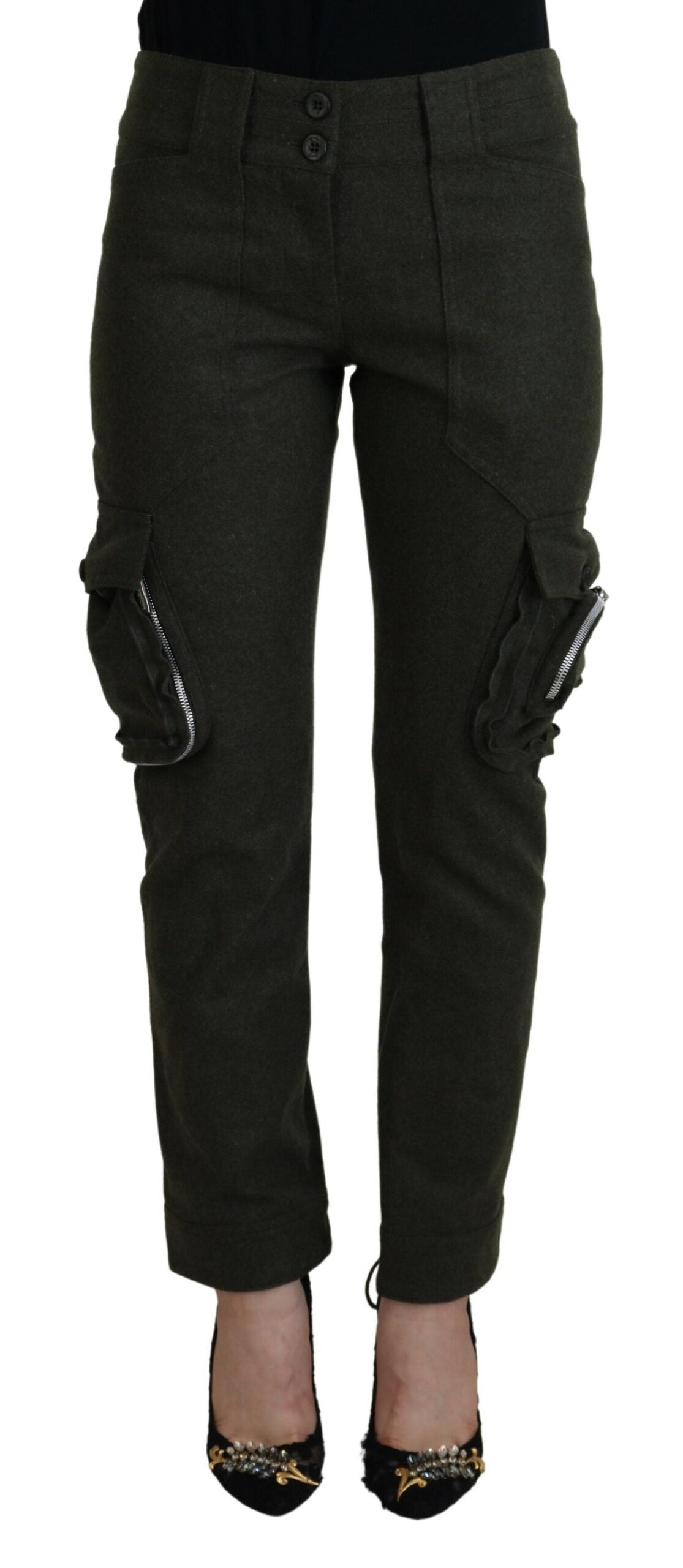 Grüne, schmal zulaufende Damenhose mit Schnürung