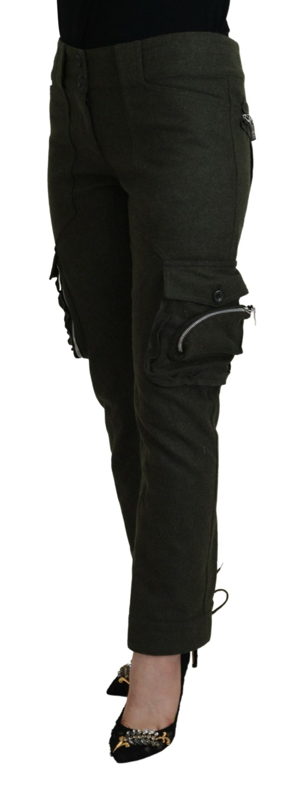Grüne, schmal zulaufende Damenhose mit Schnürung