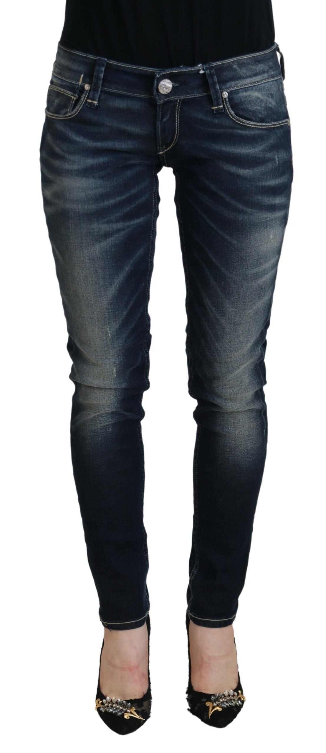 Blaue Slim Fit Jeans aus gewaschener Baumwolle für Damen