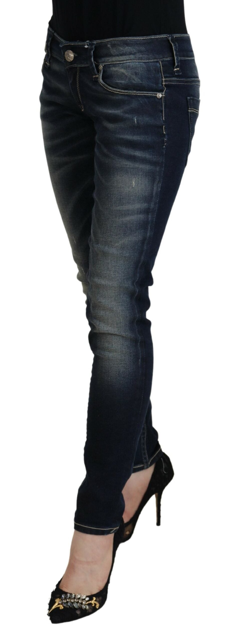 Blaue Slim Fit Jeans aus gewaschener Baumwolle für Damen