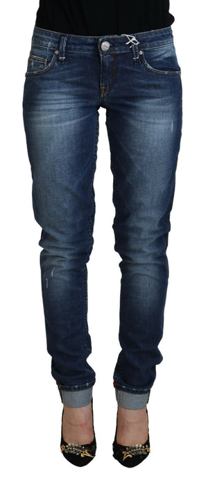 Blaue Slim Fit Jeans aus gewaschener Baumwolle für Damen
