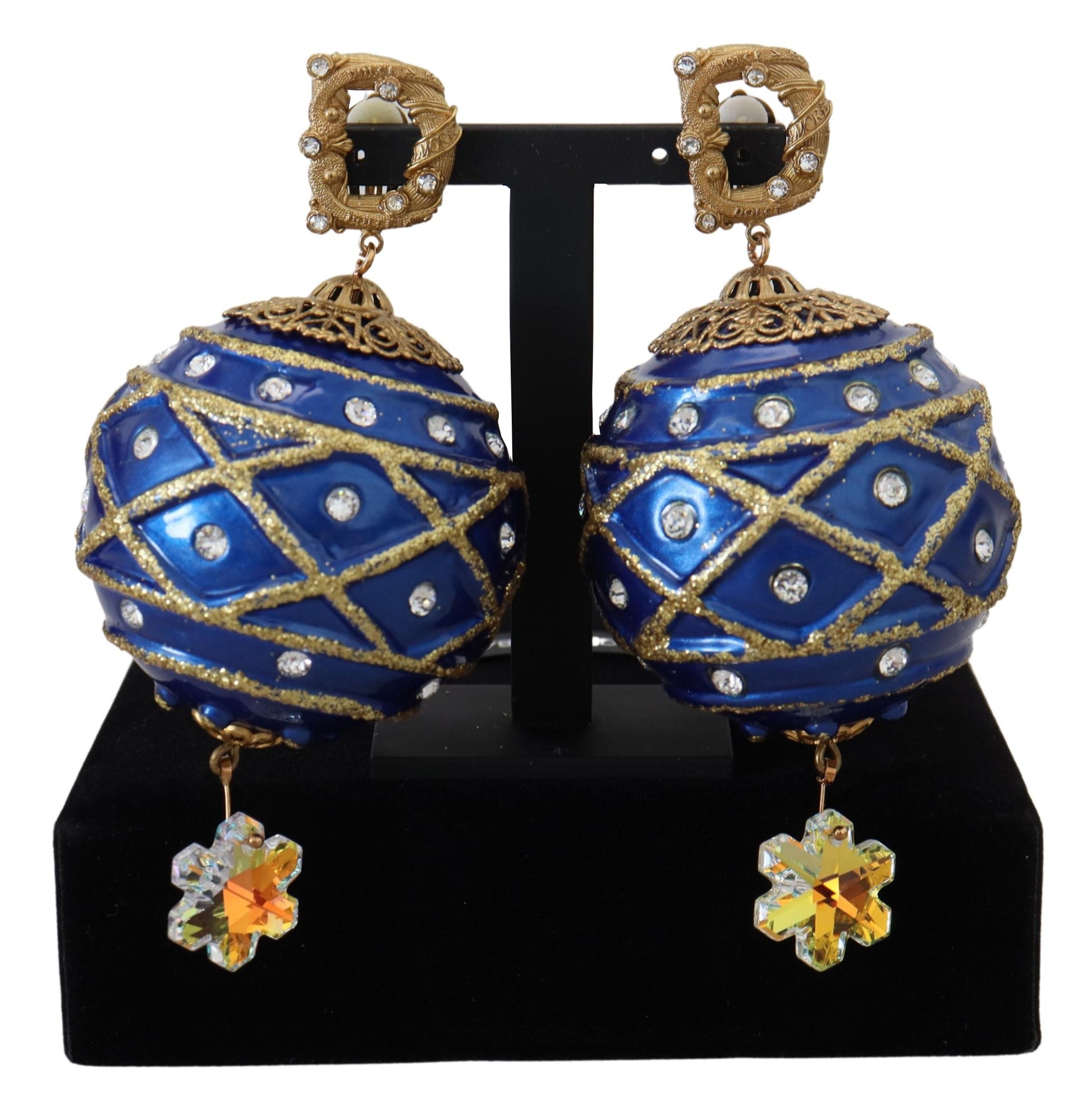 Ohrclips aus Messing in Gold und Blau mit baumelnden Kugeln und Kristallen