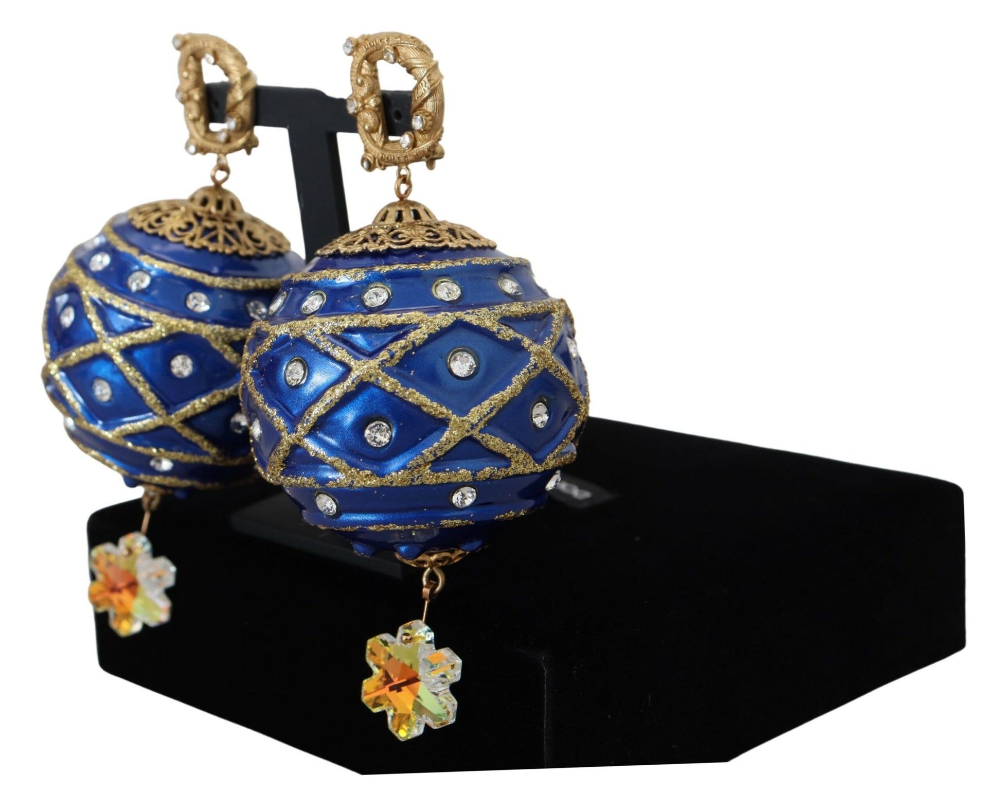 Ohrclips aus Messing in Gold und Blau mit baumelnden Kugeln und Kristallen