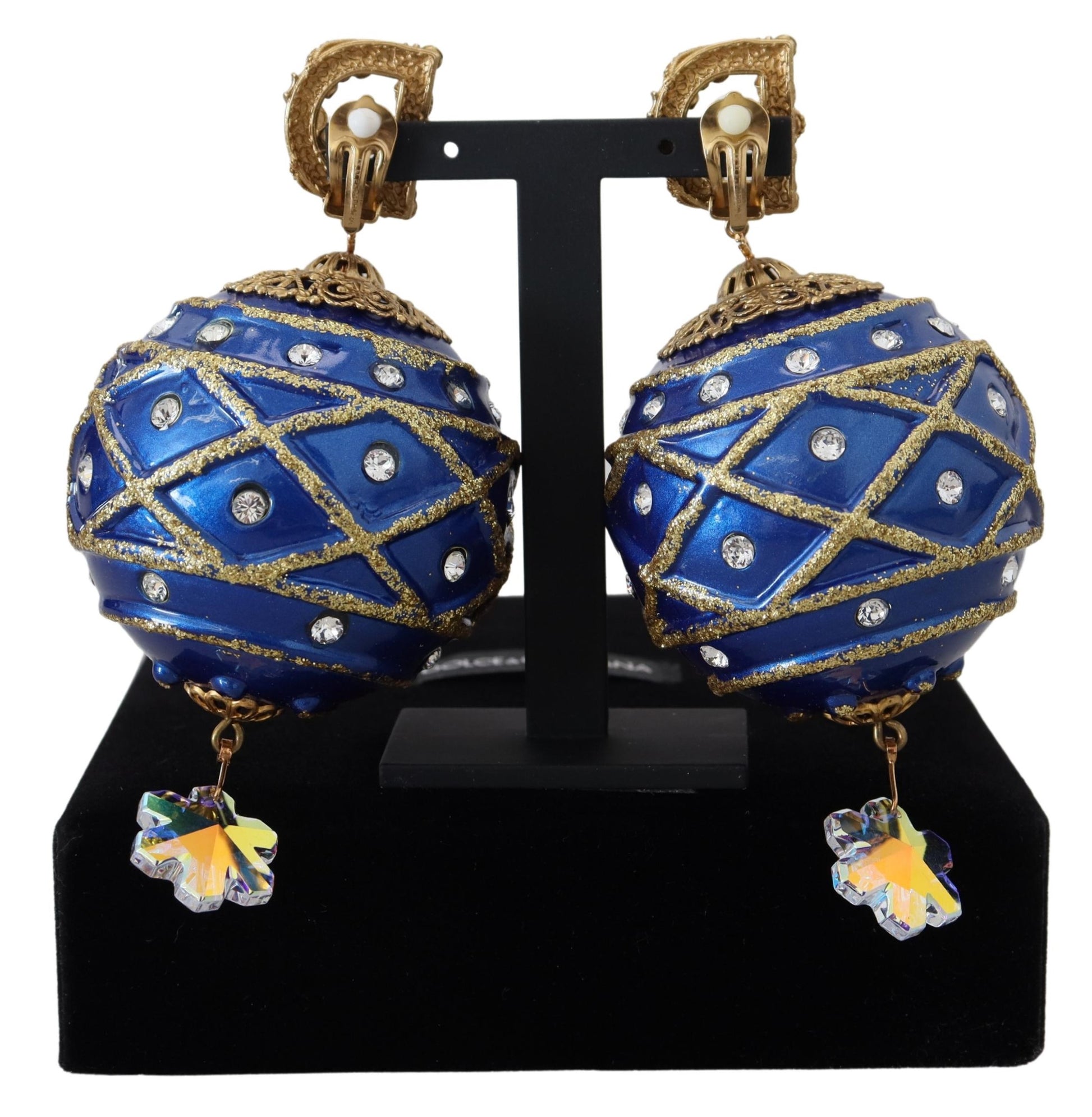 Ohrclips aus Messing in Gold und Blau mit baumelnden Kugeln und Kristallen