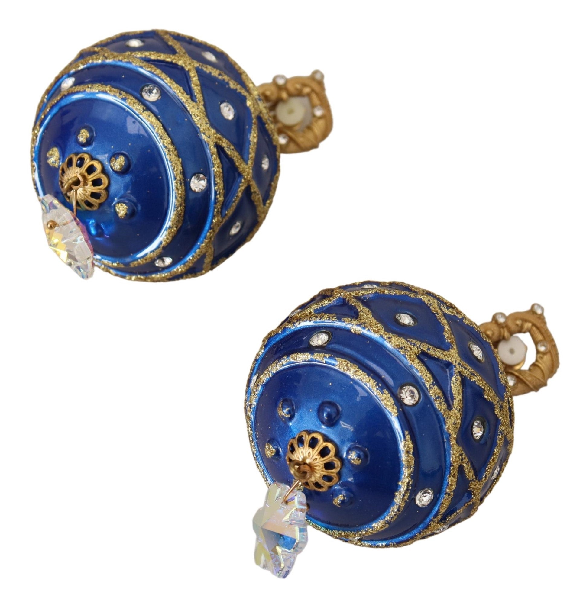 Ohrclips aus Messing in Gold und Blau mit baumelnden Kugeln und Kristallen