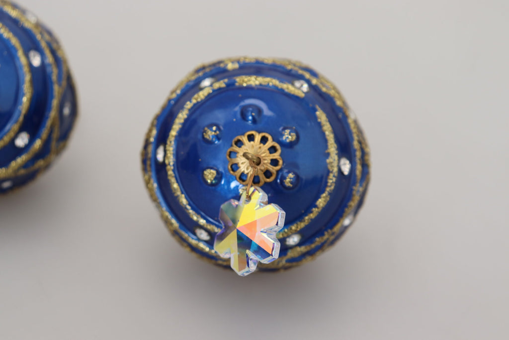 Ohrclips aus Messing in Gold und Blau mit baumelnden Kugeln und Kristallen