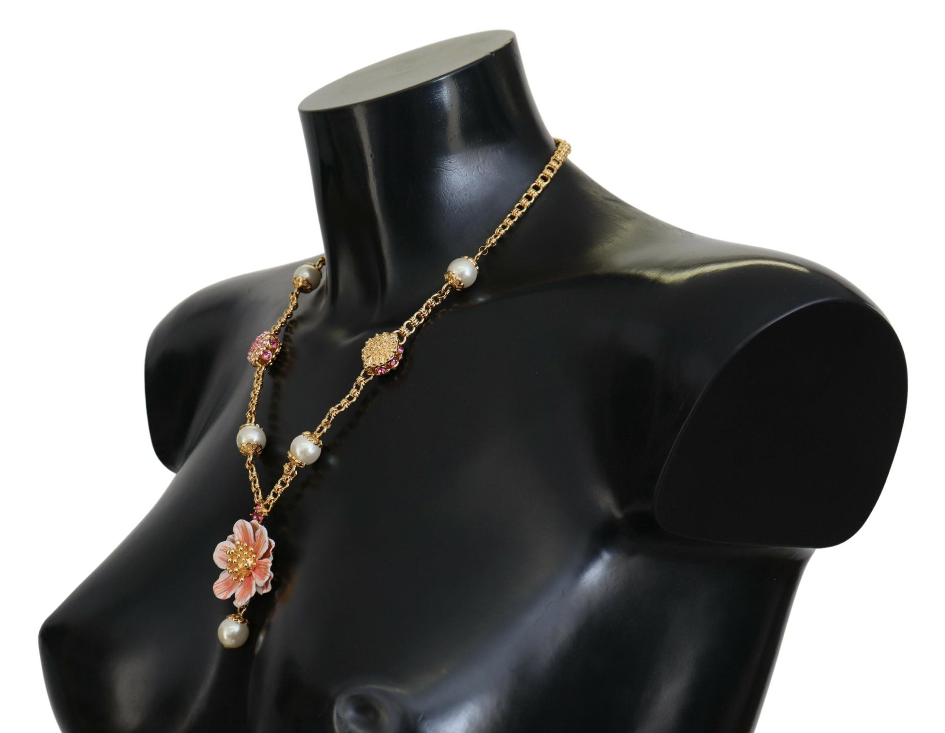 Goldfarbene Halskette mit floralen Kristallen und rosa Verzierung