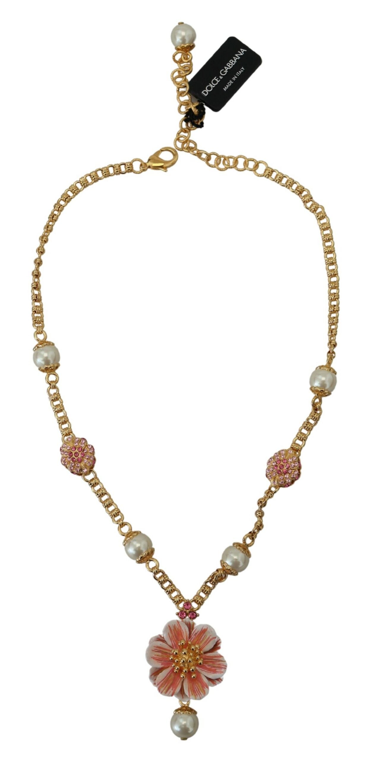 Goldfarbene Halskette mit floralen Kristallen und rosa Verzierung