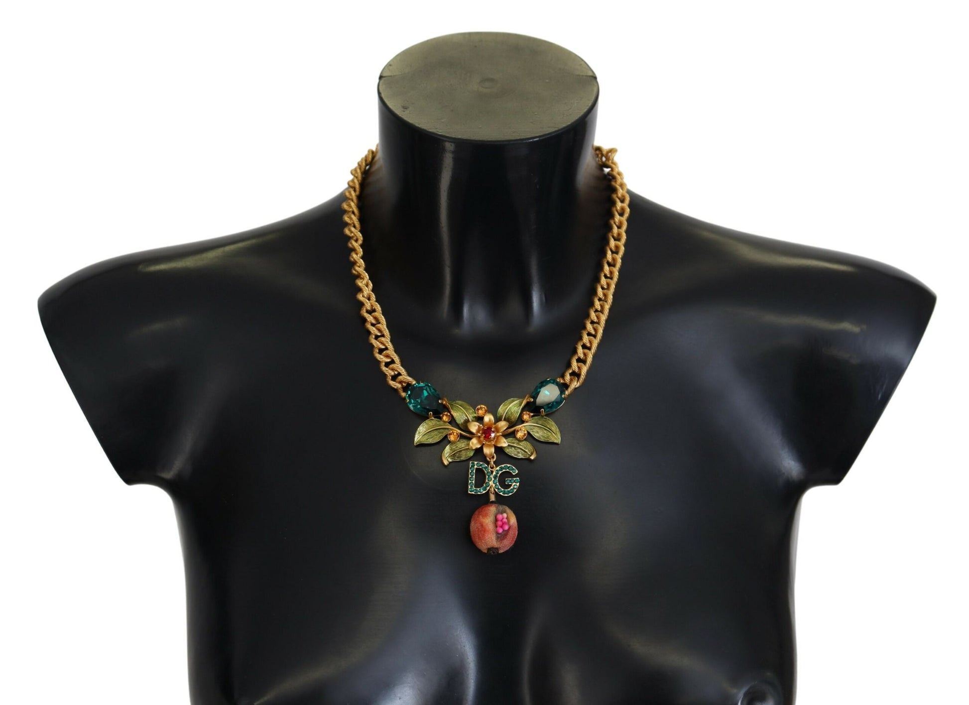 Statement-Halskette aus Messing mit Kristall-Logo und Obst- und Blumenmotiv in Gold