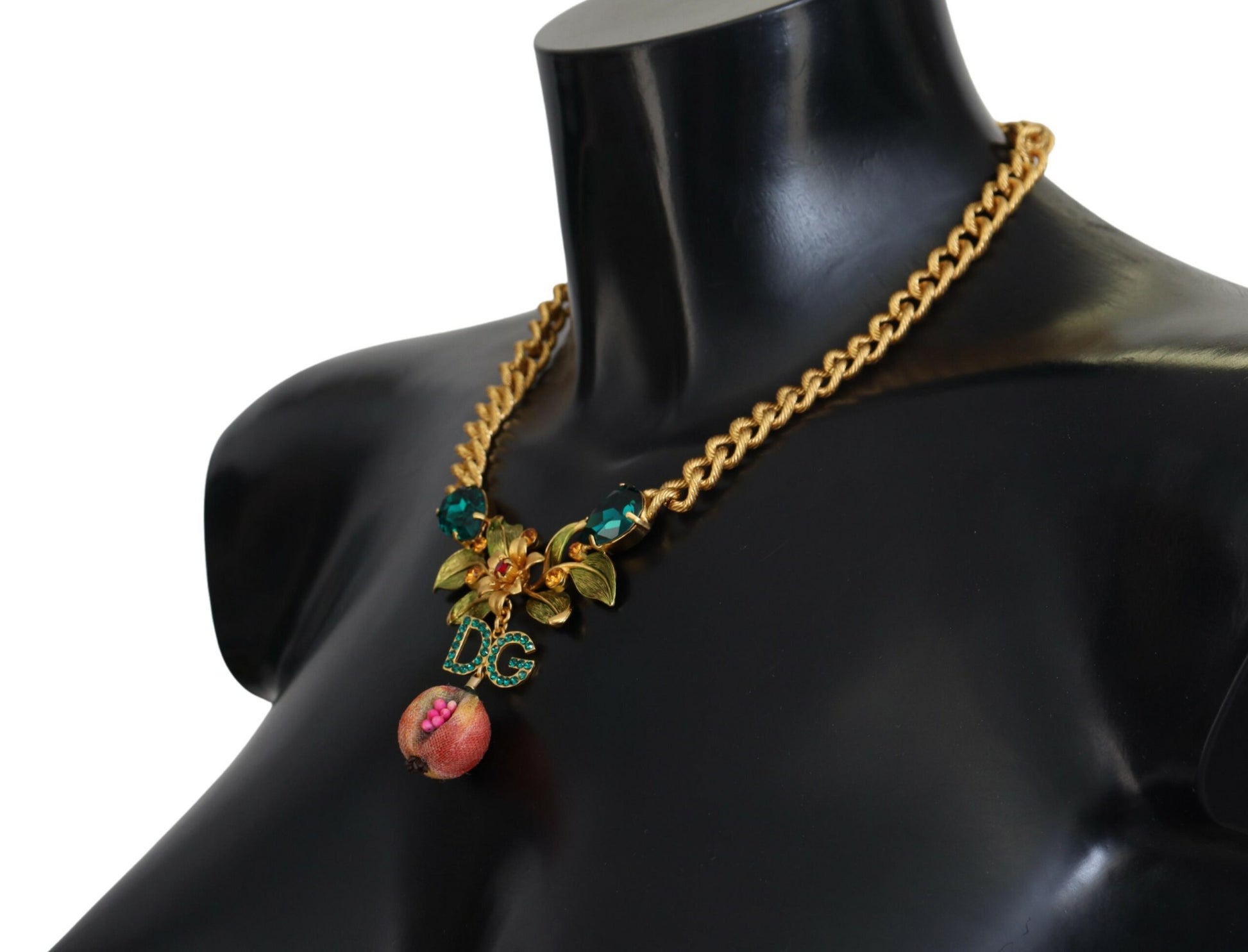 Statement-Halskette aus Messing mit Kristall-Logo und Obst- und Blumenmotiv in Gold