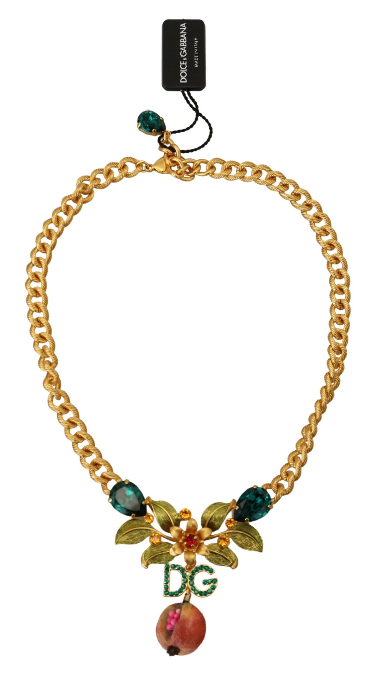 Statement-Halskette aus Messing mit Kristall-Logo und Obst- und Blumenmotiv in Gold