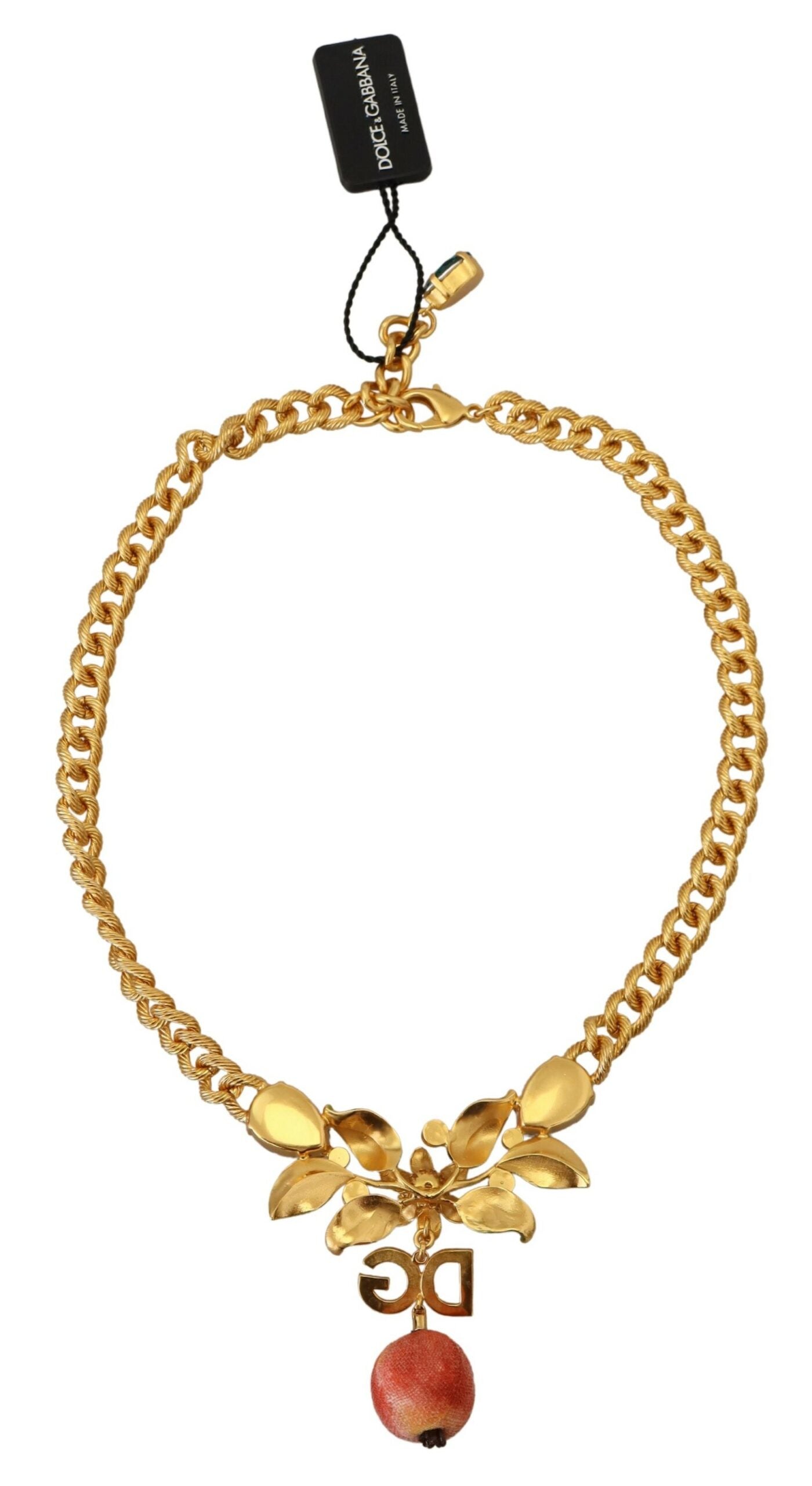 Statement-Halskette aus Messing mit Kristall-Logo und Obst- und Blumenmotiv in Gold