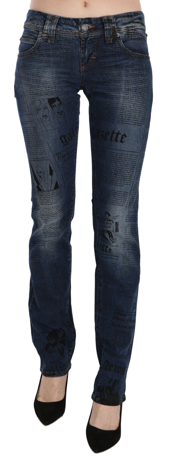Blaue Skinny-Jeans mit niedrigem Bund und Zeitungsdruck
