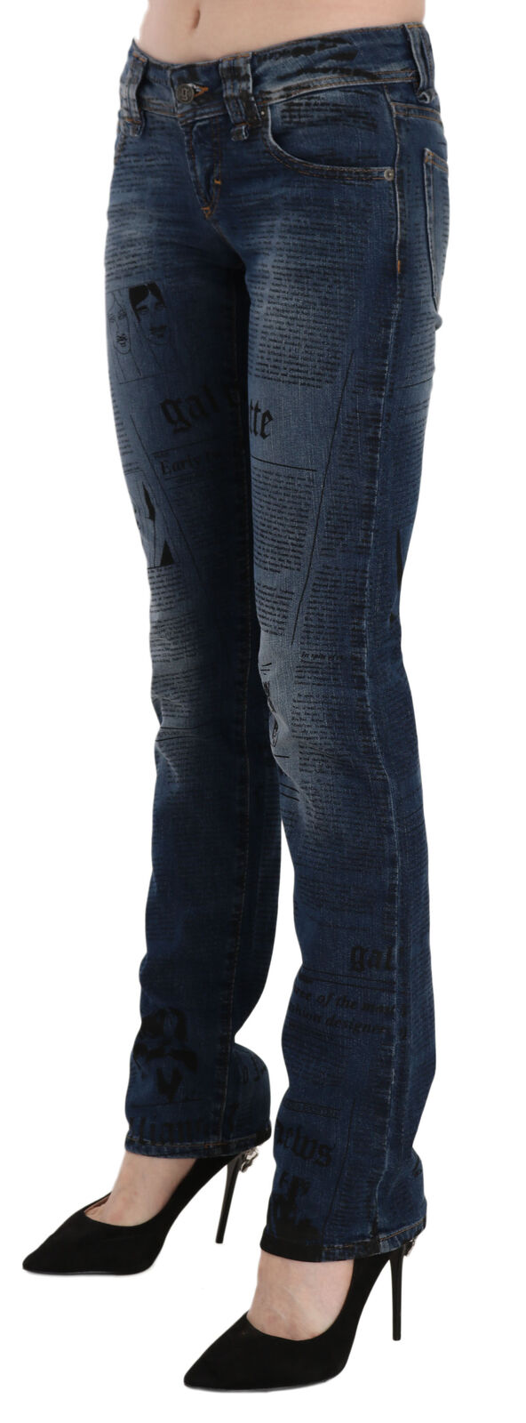 Blaue Skinny-Jeans mit niedrigem Bund und Zeitungsdruck