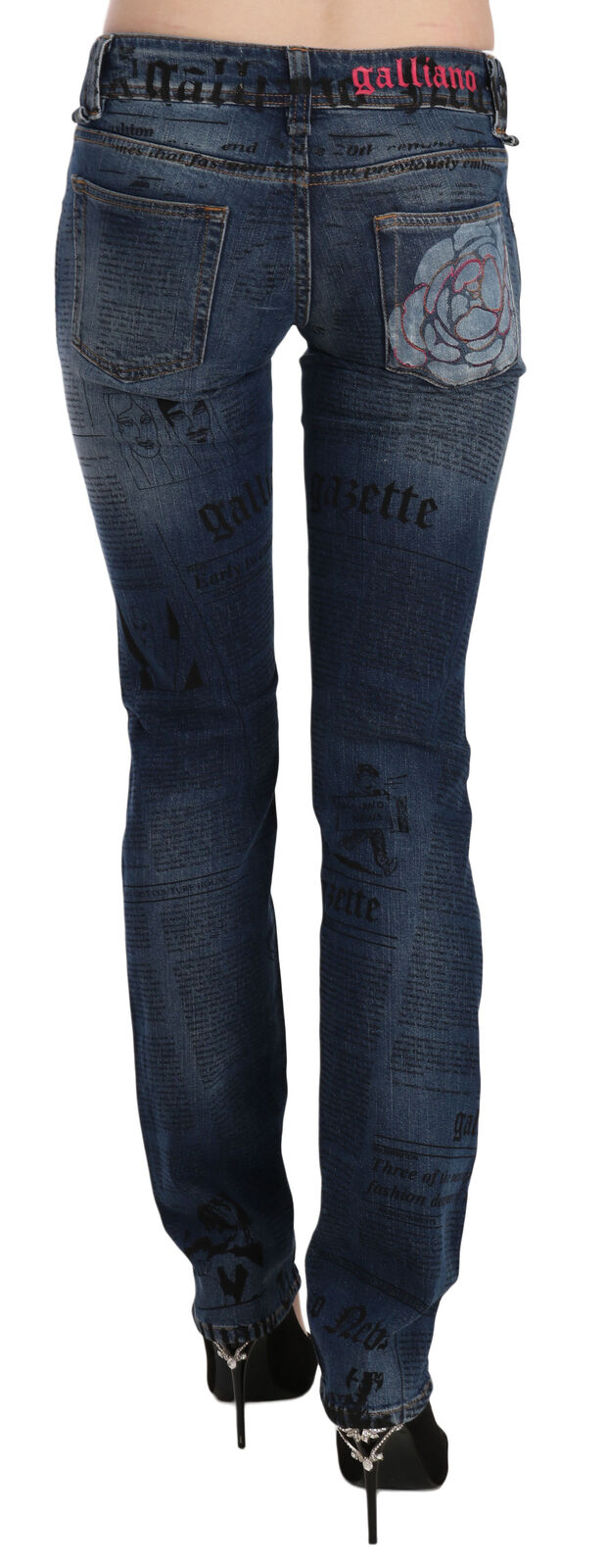 Blaue Skinny-Jeans mit niedrigem Bund und Zeitungsdruck