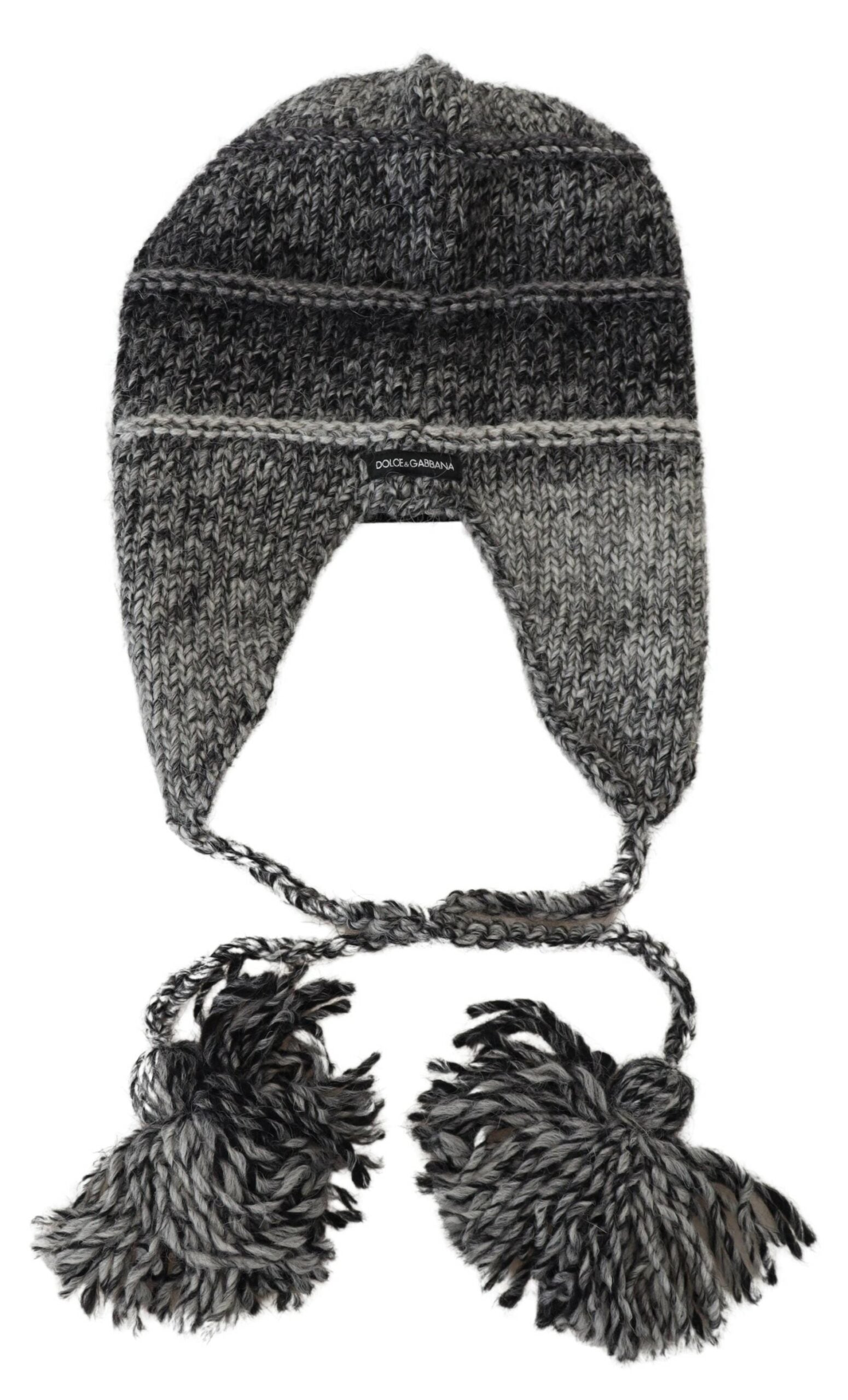 Graue warme Fleece-Strickmütze mit Ohrenklappen