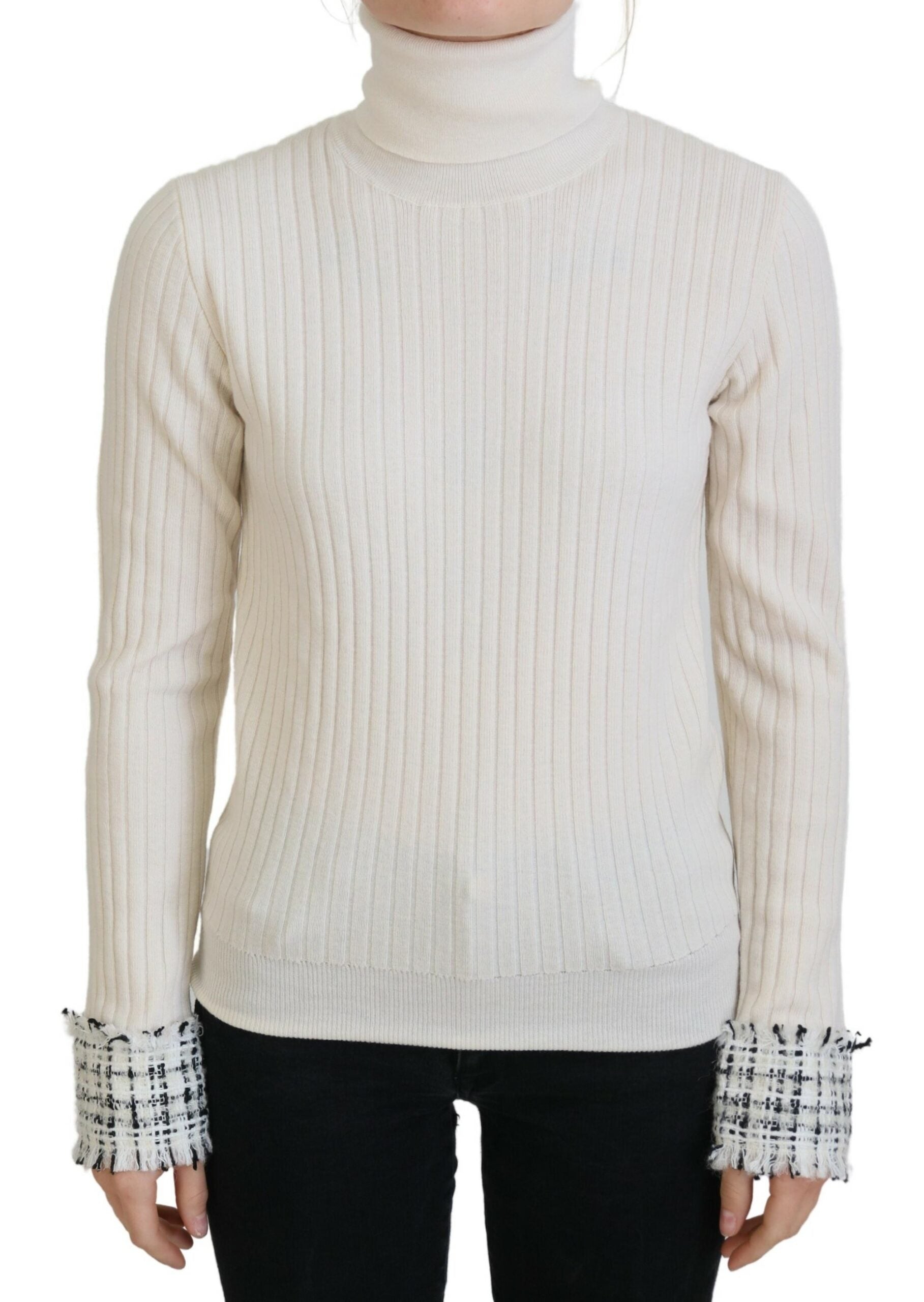 Elfenbeinfarbener Rollkragenpullover mit Distressed-Manschetten