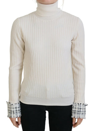 Elfenbeinfarbener Rollkragenpullover mit Distressed-Manschetten