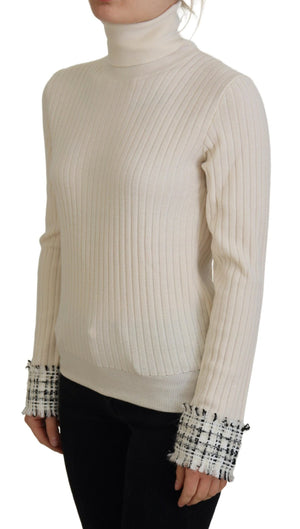 Elfenbeinfarbener Rollkragenpullover mit Distressed-Manschetten