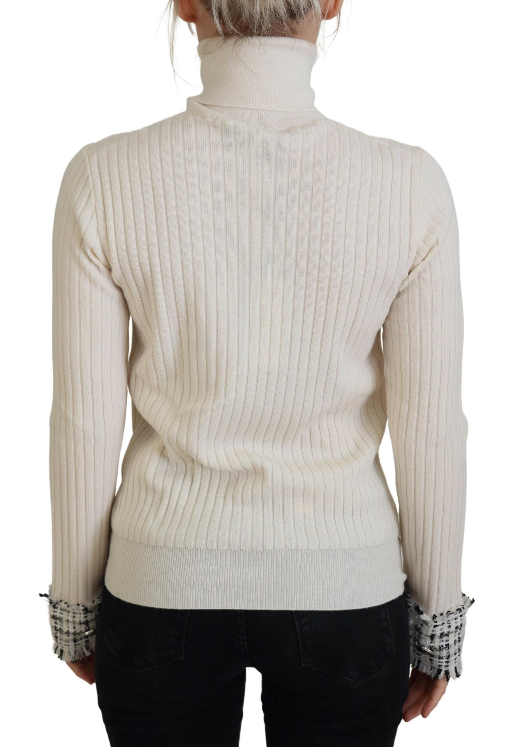 Elfenbeinfarbener Rollkragenpullover mit Distressed-Manschetten