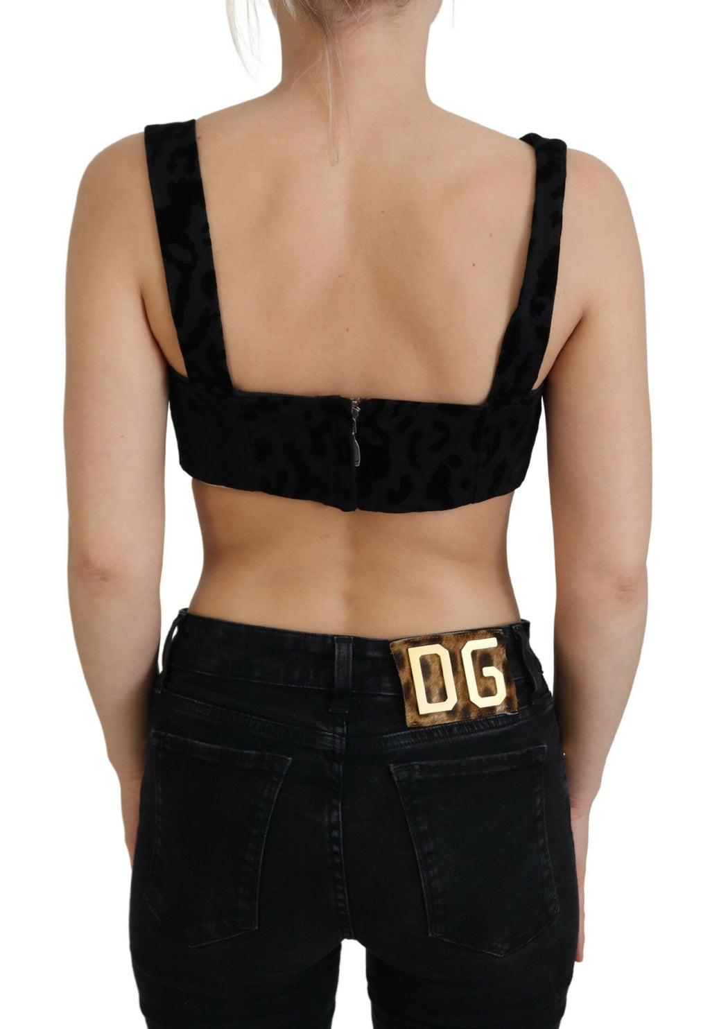 Schwarzes, kurzes Bustier-Korsett-BH-Top mit Leopardenmuster
